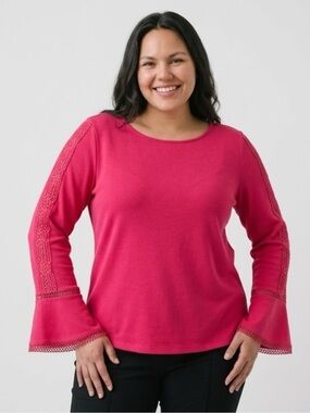 Ann Taylor Hot Pink Crochet-Trim Bell Sleeve Top